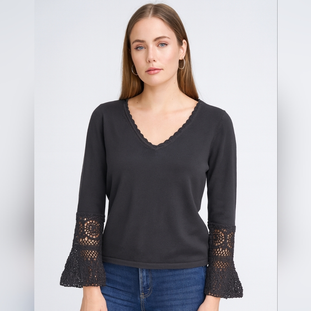 OLO Black Whimsigoth Vintage Crochet Bell Sleeve Sweater Large